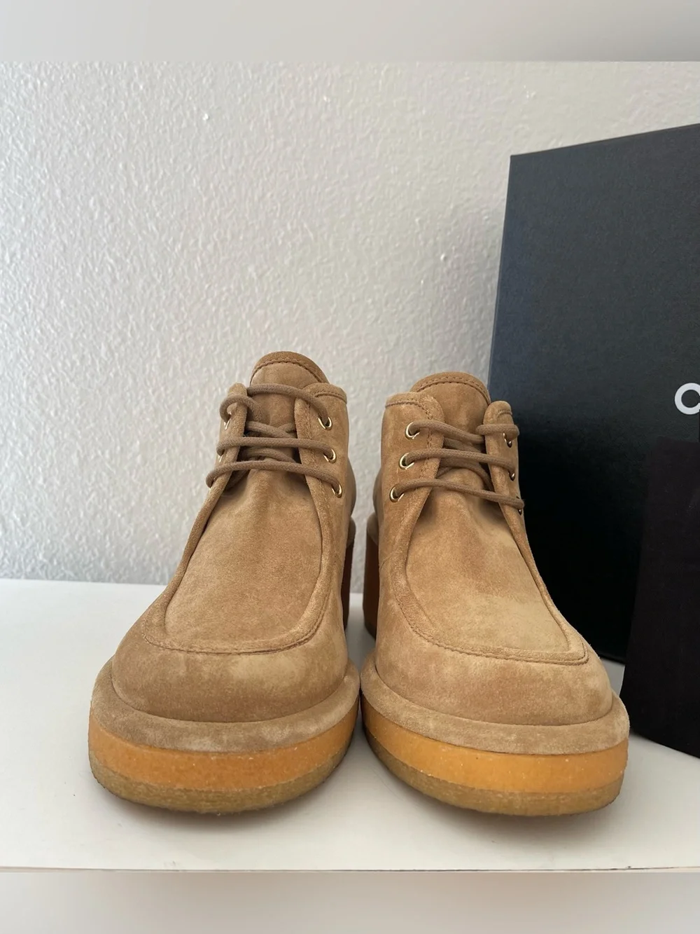 CHANEL Tan Suede Wedge Ankle Booties with Gold Logo